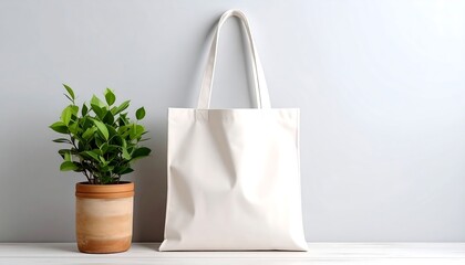 White Canvas Tote Bag on a Table with Plant.