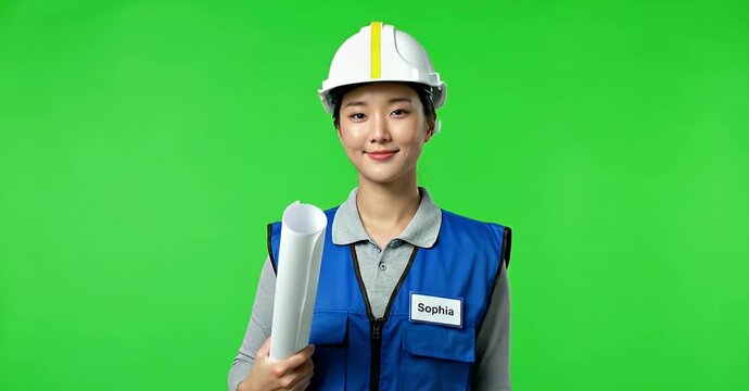 Smiling Asian female engineer in hard hat holding blueprints on green screen background.