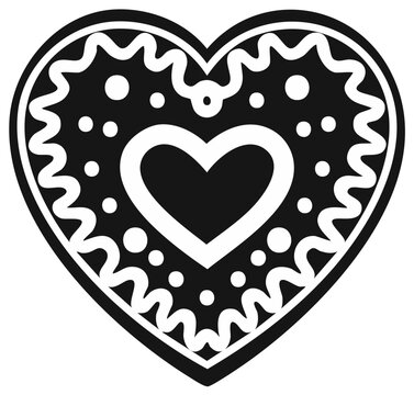 Black and white decorative gingerbread heart with folk art patterns vector illustration