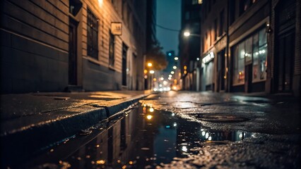 Fototapeta premium Night city alleyway reflection in puddle
