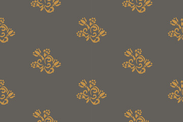 Ikat embroidered floral pattern on grey background. Traditional ethnic ikat pattern. Abstract Aztec vector pattern. Seamless pattern.