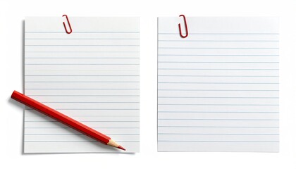 Two blank lined paper sheets, each secured with a red paperclip, are presented against a white backdrop. A red pencil rests diagonally beside one sheet