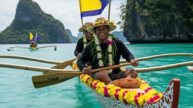 man in floral lei and hat in decorative canoe paddles through vibrant blue waters. tropical island exploration. travel brochure, summer vacation, outdoor adventure. palau national day