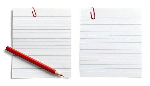 Two blank lined paper sheets, each secured with a red paperclip, are presented against a white backdrop. A red pencil rests diagonally beside one sheet