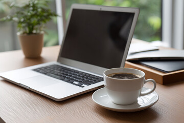 Fototapeta premium Laptop with blank screen and coffee cup on wooden desk in cafe