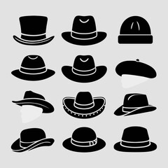 Collection of diverse stylish hats vector illustrations clean minimalist icons scalable graphics silhouette white background