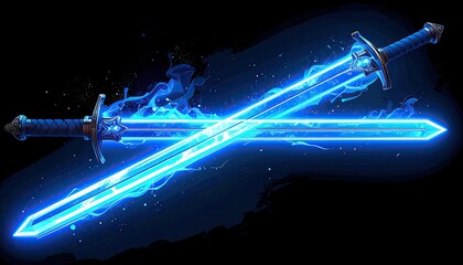 Two crossed swords, engulfed in vibrant blue flames against a stark black background, showcasing intricate detail in their metallic craftsmanship