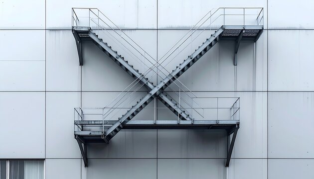 Two crisscrossing metal fire escape staircases affixed to a large white paneled building exterior wall - Powered by Adobe
