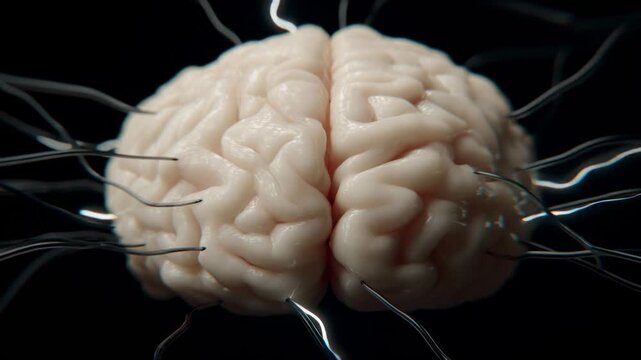 Close up of human brain with connected wires, artificial intelligence, neuroscience and medical research technology concept in 4K UHD