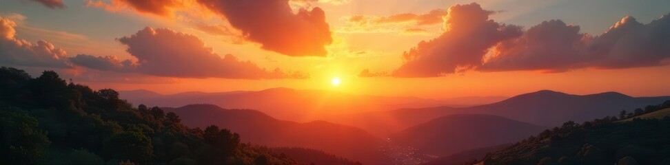 Fototapeta premium Golden sun setting behind hills with fluffy clouds in a mesmerizing evening sky, outdoors, atmosphere