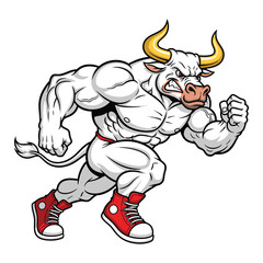 Muscular white bull character running in red sneakers