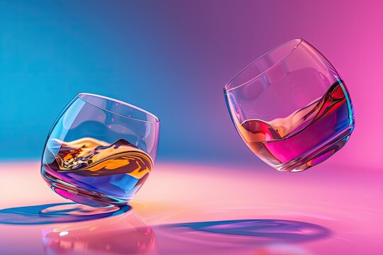Two glass tumblers, filled with amber and purple liquids, float against a vibrant blue and pink backdrop, casting reflections on a shiny surface