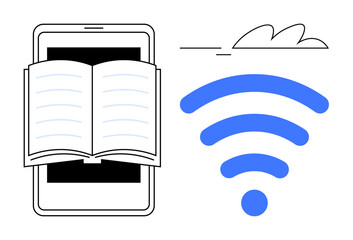 Open book on smartphone screen with a wireless signal and cloud in minimalist style. Ideal for education, e-learning, technology, online courses, digital content, remote access, simple flat metaphor