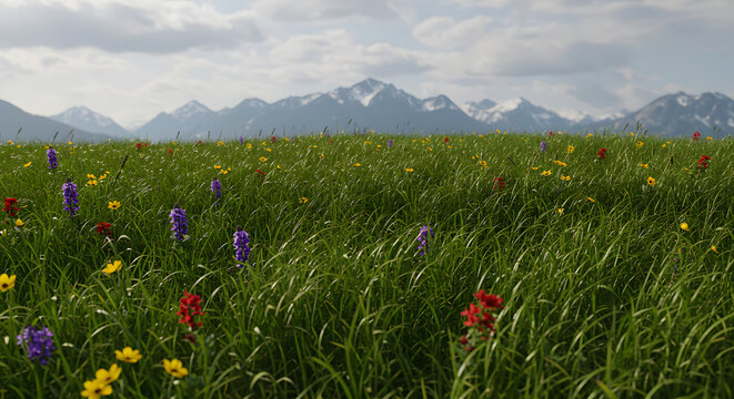 meadow view with various kinds of flowers and mountain background