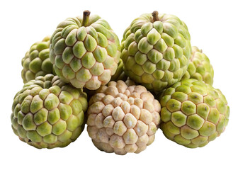 Obraz premium A cluster of fresh custard apples with unique scaly green and creamy white skin isolated on transparent background