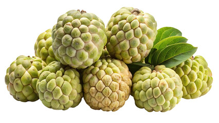 Fototapeta premium A vibrant cluster of ripe custard apples with green leaves isolated on a transparent background isolated on transparent background
