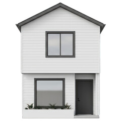 Two-story white house with dark gray trim and windows.  Front-facing elevation