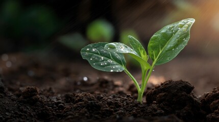 Fototapeta premium Emerging seedling growth garden soil nature photography sunlit environment close-up view life cycle concept