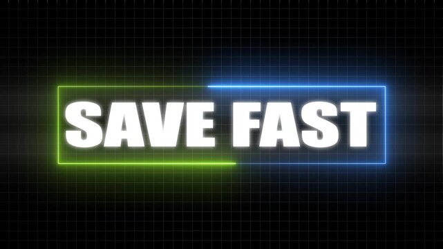 White text SAVEFAST in neon blue and green rectangle on grid background save fast sale