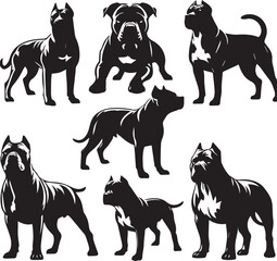 Pitbull Dog Silhouette Vector Set Black and White Pitbull Illustrations Canine Pet Graphics