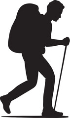 Silhouette of a hiker with a large backpack and walking stick trekking on a white background