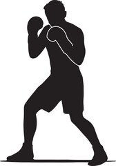 Silhouette of a male boxer in a fighting stance with gloves on a white background