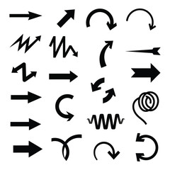 Collection of diverse black arrows and pointer symbols for directional design elements silhouette