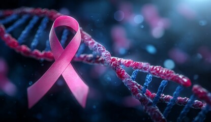 Breast cancer awareness symbol entwined with DNA helix highlights health impact and research importance in the community