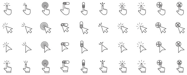 40 Click line icon set. Computer mouse pointer cursor icon. Clicking cursor, pointing hand, clicking icon. Clicking cursor. Vector Illustration.