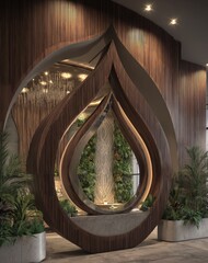 A modern, elegant interior design featuring a dramatic wooden feature wall with sculpted teardrop shapes, showcasing a tranquil, lush vertical garden and illuminated water feature.