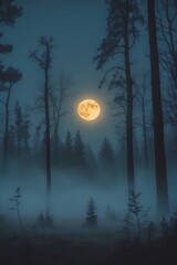 professional photo of a spooky foggy forest with a large glowing full moon hanging low in the dark sky ominous silhouettes of tall trees stretching upwards a clean and misty atmosphere with ample nega