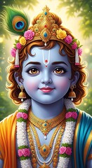 A captivating portrait of lord krishna adorned with jewelry and a peacock feather