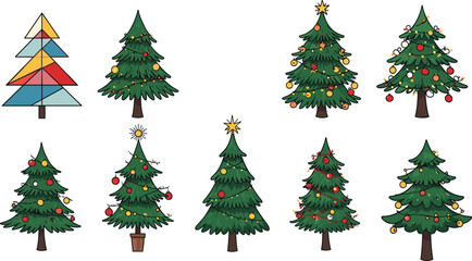 Christmas trees collection, decorated and modern festive designs, vector illustration set of Xmas trees with ornaments, lights, stars, and garlands.