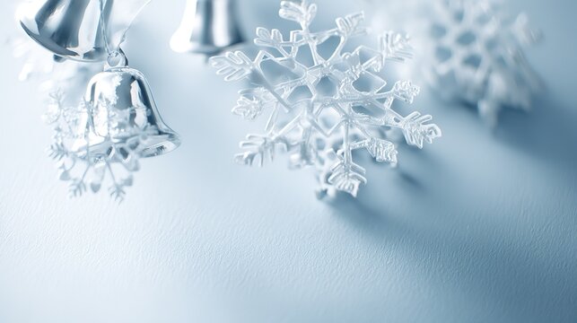 Transparent snowflake ornaments and a metallic bell on a light blue surface, creating a serene and festive winter scene