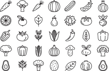 Collection of Fresh Vegetables in Outline Style