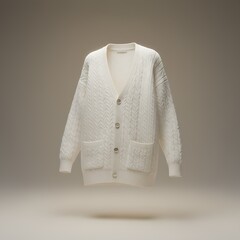 Fototapeta premium Elegant white knitted cardigan sweater with pockets floating on a neutral studio background, a perfect apparel mockup for fashion branding