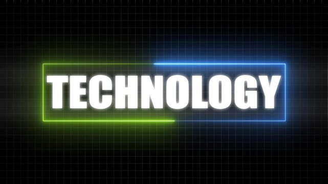 Neon glowing text TECHNOLOGY inside a blue and green rectangular frame on a dark grid background