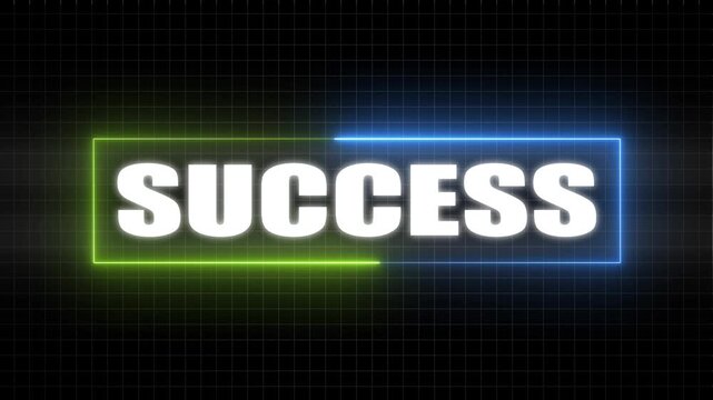 White word SUCES in neon blue and green rectangle on dark grid background success achievement