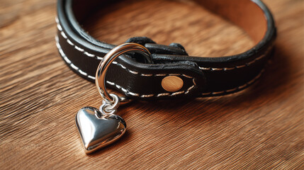 Pet accessory leather collar with heart tag on rustic wood surface