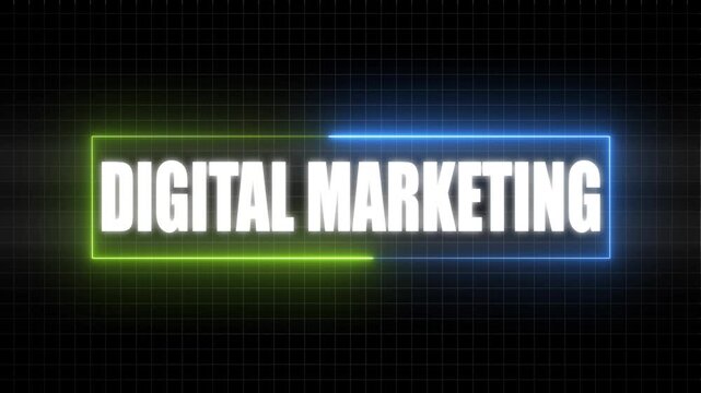 White text DIGITALMARKETING glowing in neon blue and green rectangle on dark grid background