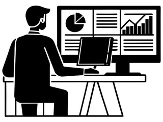 Vector art of silhouette of a man working on computer with business data