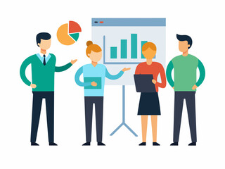 Vector art of business team presenting data and statistics
