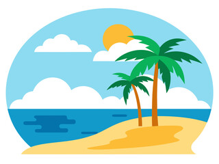 Vector art of tropical beach with palm trees, sun, and clouds