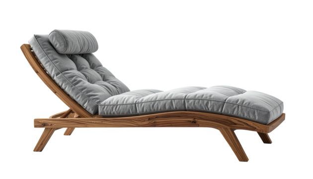 Elegant wooden chaise lounge with a gray upholstered cushion and headrest is captured against a solid black background, showcasing a modern and minimalist design suitable for relaxation and leisure.