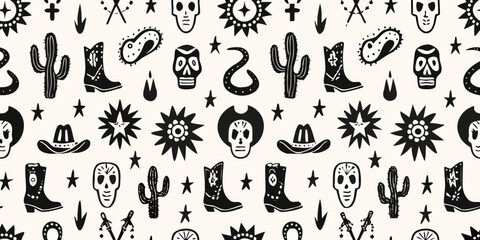 Whimsical black and white western pattern with skulls cacti cowboy boots and stars