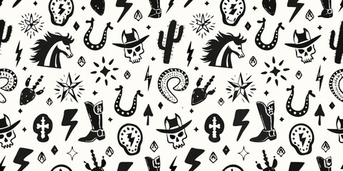 Whimsical western doodle pattern featuring horses skulls cacti and boots