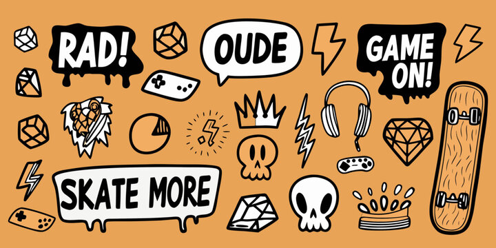 Collection of cool doodle icons and phrases including rad game on skate more and oude with skulls and skateboards