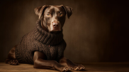 Brown dog wearing knit sweater sitting on brown background