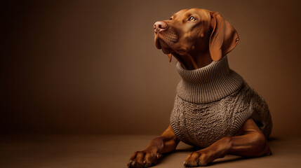 Brown dog wearing knit sweater sitting on brown background