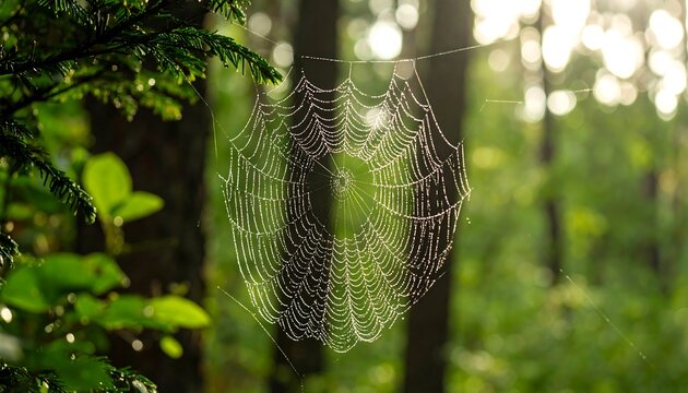 Delicate Spiderweb Glistening with Morning Dew in a Forest.